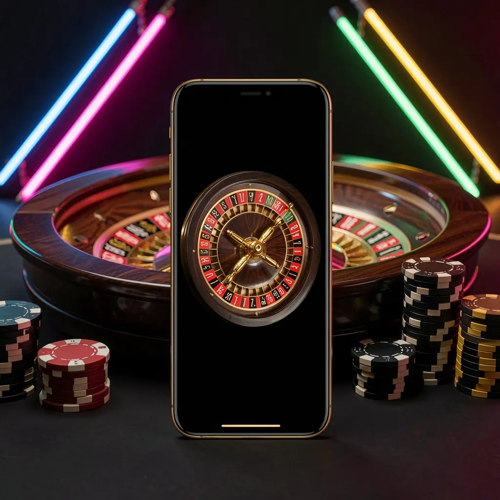 Adegan aplikasi kasino seluler OYO 777 yang menampilkan ponsel di tengah dengan roda rolet dan chip poker di latar belakang, diterangi oleh lampu neon bercahaya dalam gaya premium hitam dan emas
