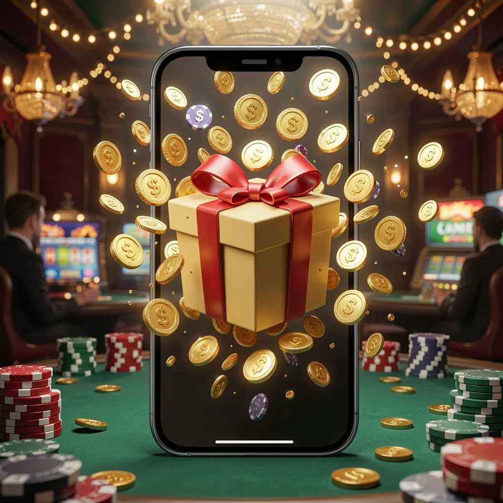 Konsep aplikasi bonus kasino seluler OYO 777 yang menampilkan layar ponsel dengan kotak hadiah dan koin yang berhamburan keluar dalam suasana kasino meriah