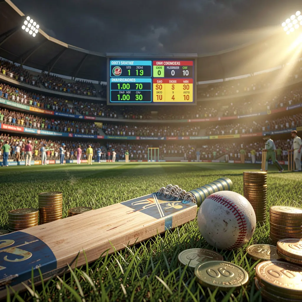 Adegan taruhan kriket premium di stadion kriket yang ramai dengan pemukul dan bola di latar depan, grafis peluang digital dan koin, diterangi pencahayaan dramatis, menampilkan render 3D berdetail tinggi OYO 777 Adegan taruhan kriket premium di stadion kriket yang ramai dengan pemukul dan bola di latar depan, grafis peluang digital dan koin, diterangi pencahayaan dramatis, menampilkan render 3D berdetail tinggi OYO 777