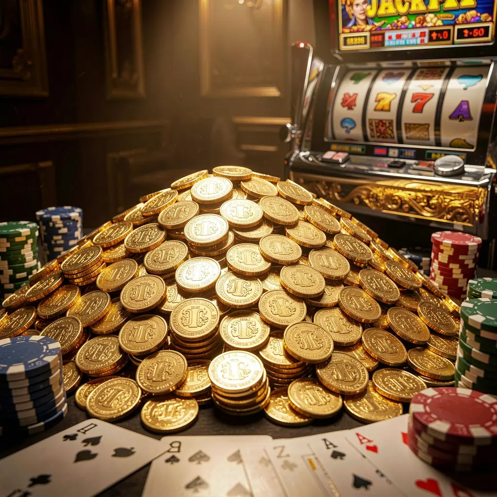 Adegan bonus jackpot OYO 777 yang menampilkan tumpukan besar koin emas, mesin slot di latar belakang, chip poker, dan kartu remi di bawah pencahayaan mewah sinematik