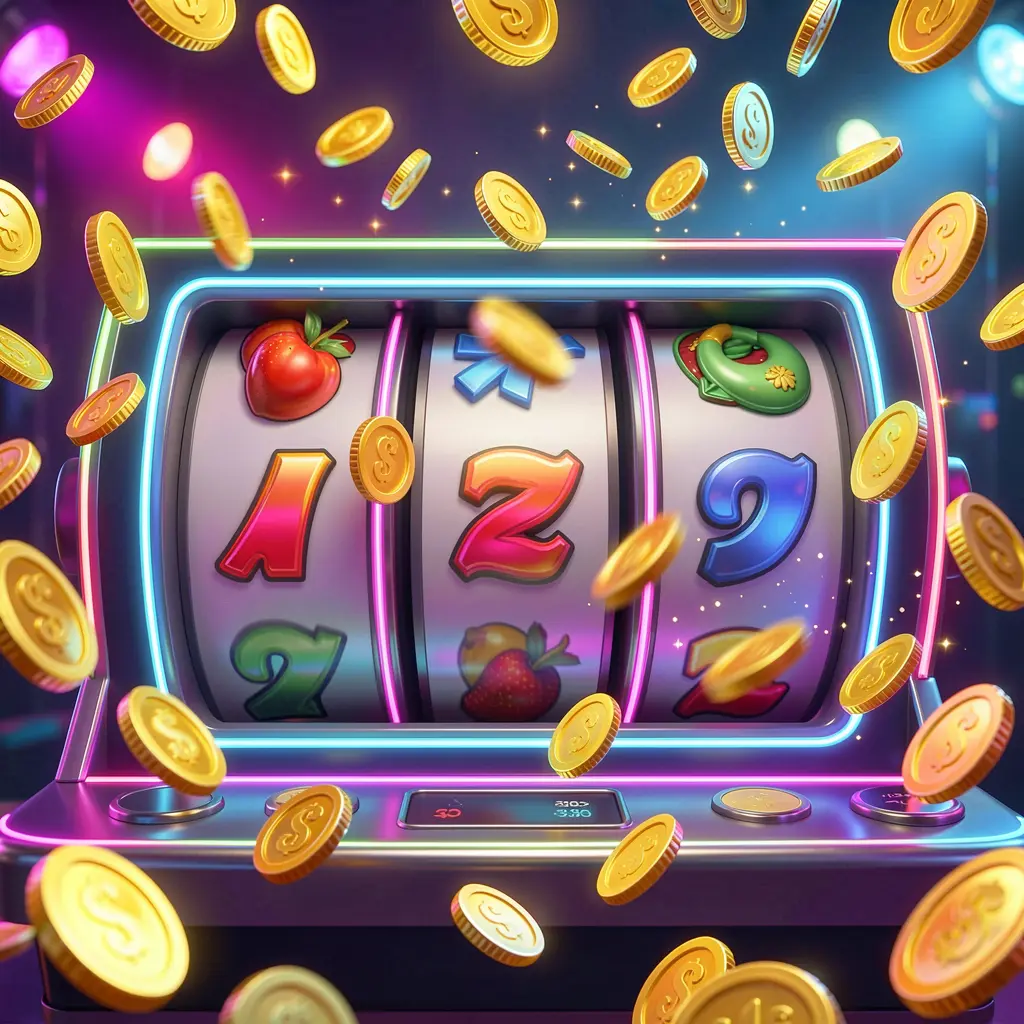 Gambar kasino putaran gratis OYO 777 yang menampilkan gulungan mesin slot berputar dengan koin emas beterbangan ke mana-mana di bawah lampu neon warna-warni yang menciptakan suasana jackpot menarik dalam ilustrasi 3D premium