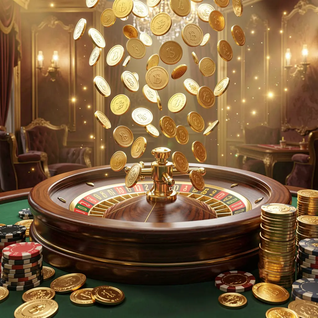 Banner kasino online premium OYO 777 dengan hujan koin emas di atas roda rolet dan chip poker berlatar belakang mewah bercahaya dalam render 3D dinamis Banner kasino online premium OYO 777 dengan hujan koin emas di atas roda rolet dan chip poker berlatar belakang mewah bercahaya dalam render 3D dinamis