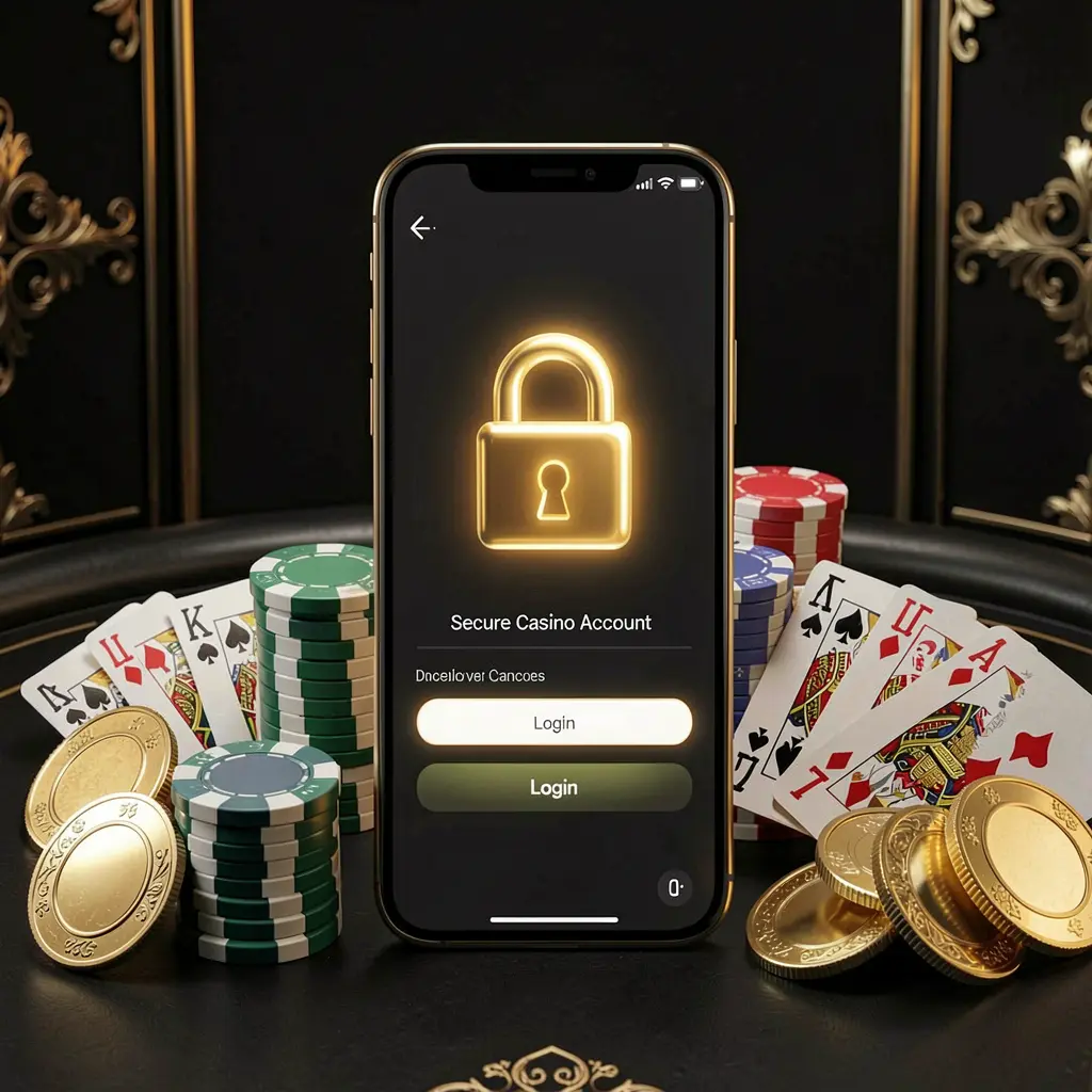 Konsep masuk akun kasino aman OYO 777 dengan ikon gembok bercahaya pada layar ponsel pintar, chip poker, kartu remi, dan koin emas pada latar belakang hitam dan emas yang elegan