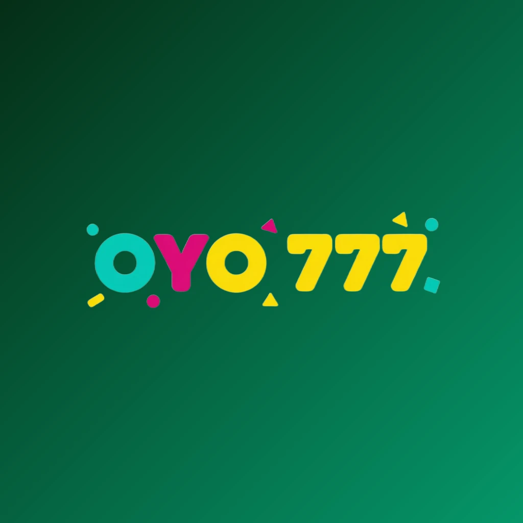 Logo hiburan modern OYO 777 dengan teks tebal dan bulat, menggunakan palet warna cerah cyan, magenta, dan kuning, aksen geometris yang playful, komposisi bersih dengan latar belakang transparan, logo wordmark horizontal untuk header situs web