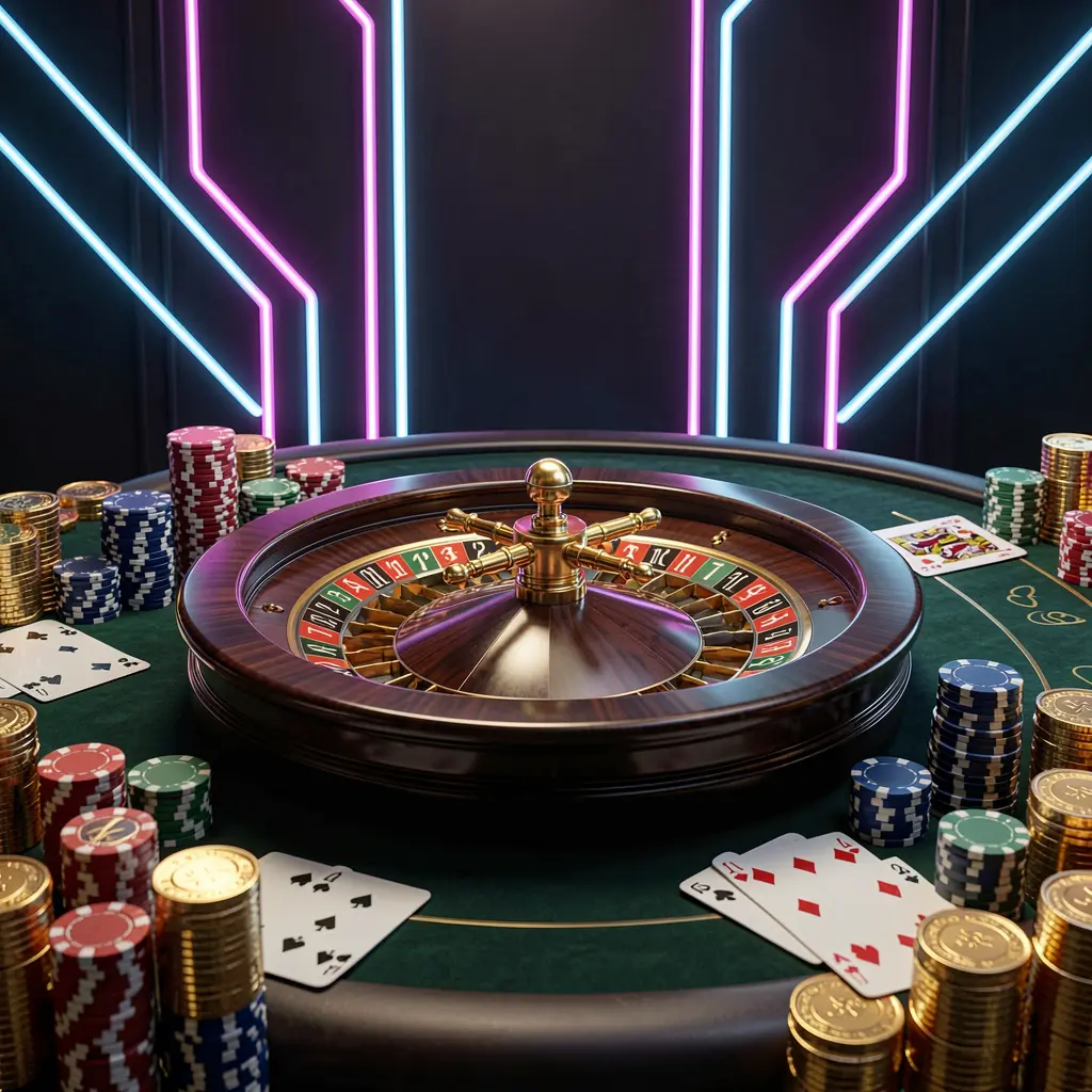 Meja kasino mewah dengan roda rolet, chip poker, kartu remi, dan koin emas pada latar belakang premium gelap dengan cahaya neon, menampilkan banner utama beranda kasino online OYO 777